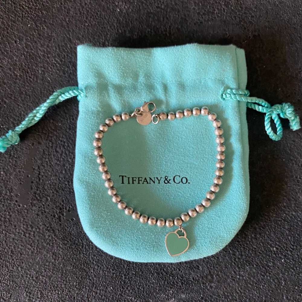 Tiffany & Co. Silver Bead Bracelet with Blue Heart Charm